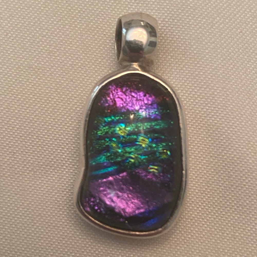 VINTAGE STERLING SILVER 925 MEXICO MULTI COLOR ART GLASS PENDANT  1.1" WITH BAIL